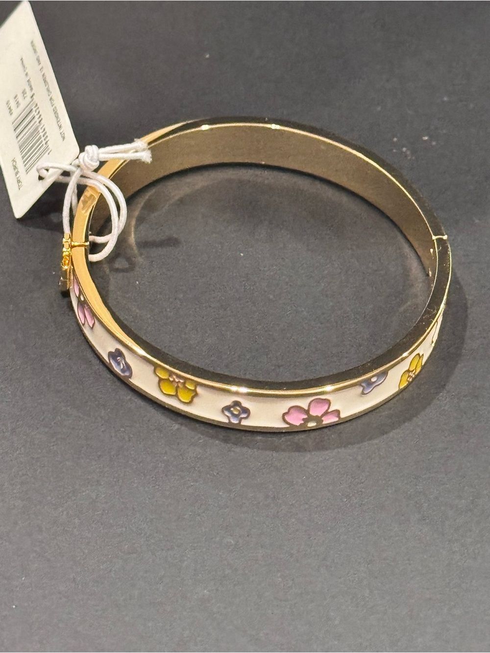 NWT Tory Burch Kira Flora-Print Enamel Hinged Bangle Bracelet Gold Cream - Picture 10 of 13